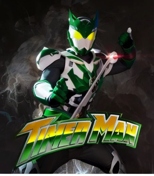 um close de uma pessoa vestida de verde e branco segurando uma espada, Thunder Man, Kamen Rider, an epic anime of a energy man, Power Ranger Verde, alta fantasia Kamen Rider, Arte Promocional, Power Ranger, Kamen Rider personagem, desenhado como o anime speed racer, Album art, Ultraman, Kamen Rider fantasma, kamen rider action pose, fanart oficial