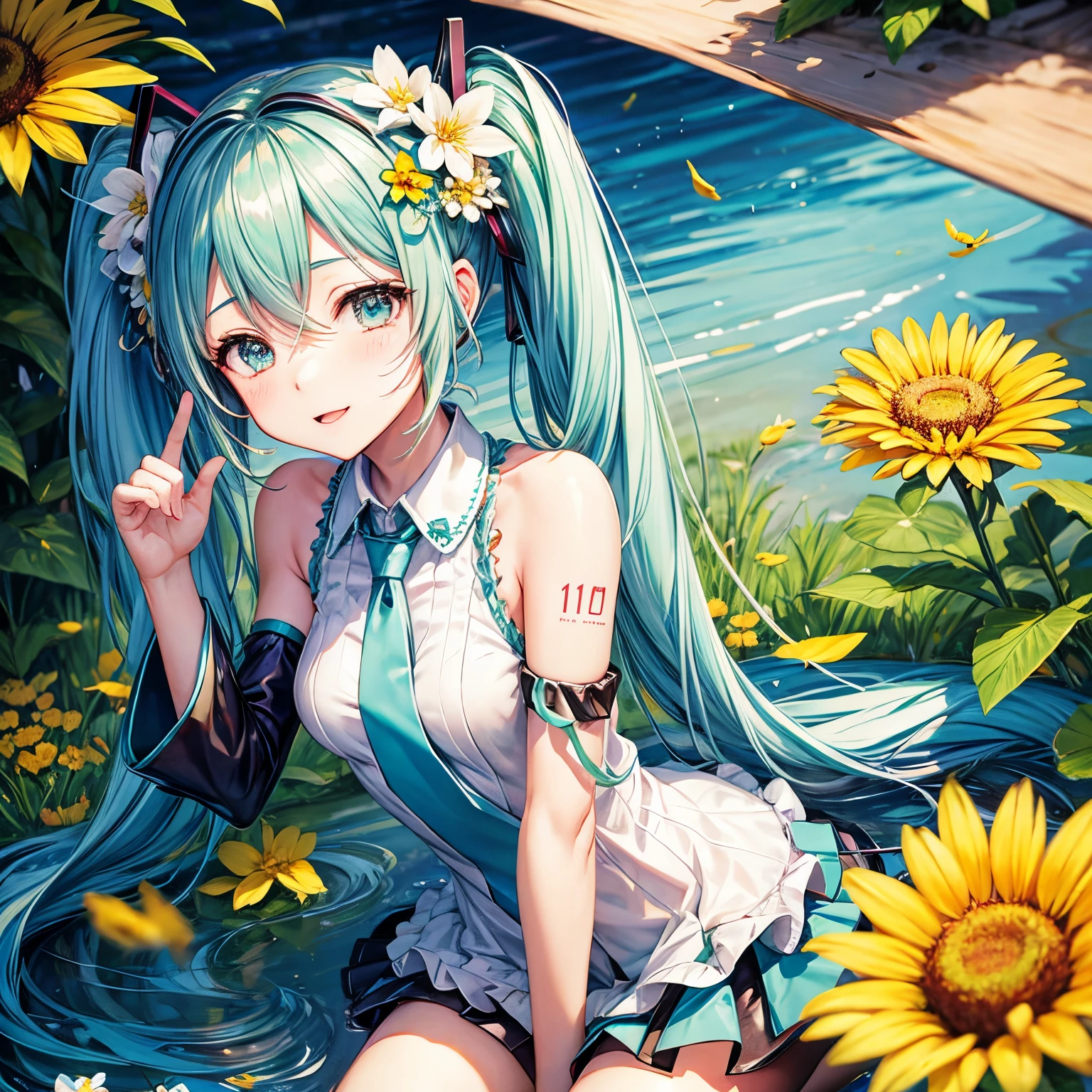 Hatsune Miku in bee costume pollinating flowers