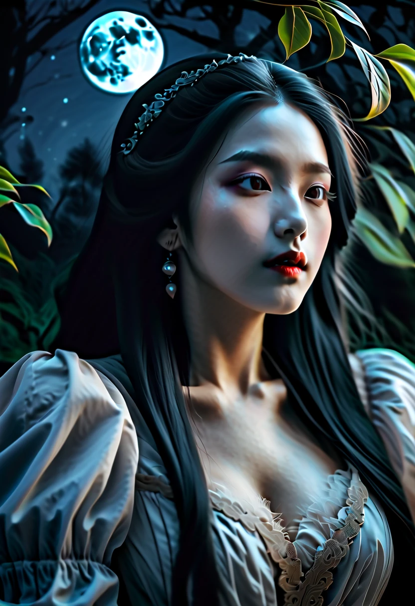 A girl with long black hair, sharp fangs, and crimson eyes passionately kisses another girl with porcelain skin and flowing black hair. The girl being kissed has a delicate smile and wraps her arms around the other girl's waist. The scene takes place under a moonlit night in a dark gothic garden, surrounded by ominous trees and creeping vines. Their passion is intensified by the eerie glow of the moon, casting shadows and revealing intricate details of their vampire features. The girls' clothing is elegant and Victorian-inspired, emphasizing their seductive beauty. The atmosphere is filled with an air of mystery and sensuality. With a medium of oil painting, the artwork is designed to exhibit the best quality, striving for ultra-detailed and photo-realistic visual effects. The color palette is dominated by deep burgundy, deep purple, and a touch of pale moonlight blue, enhancing the dark and haunting mood. The lighting is dramatic, with soft moonlight casting gentle highlights on the girls' faces and creating subtle shadows that add depth to the composition.