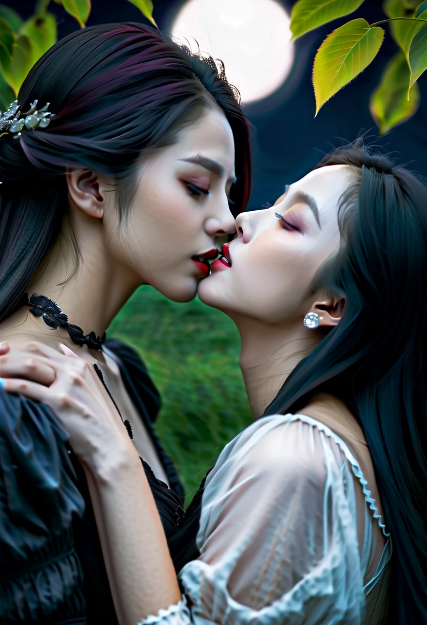 A girl with long black hair, sharp fangs, and crimson eyes passionately kisses another girl with porcelain skin and flowing black hair. The girl being kissed has a delicate smile and wraps her arms around the other girl's waist. The scene takes place under a moonlit night in a dark gothic garden, surrounded by ominous trees and creeping vines. Their passion is intensified by the eerie glow of the moon, casting shadows and revealing intricate details of their vampire features. The girls' clothing is elegant and Victorian-inspired, emphasizing their seductive beauty. The atmosphere is filled with an air of mystery and sensuality. With a medium of oil painting, the artwork is designed to exhibit the best quality, striving for ultra-detailed and photo-realistic visual effects. The color palette is dominated by deep burgundy, deep purple, and a touch of pale moonlight blue, enhancing the dark and haunting mood. The lighting is dramatic, with soft moonlight casting gentle highlights on the girls' faces and creating subtle shadows that add depth to the composition.