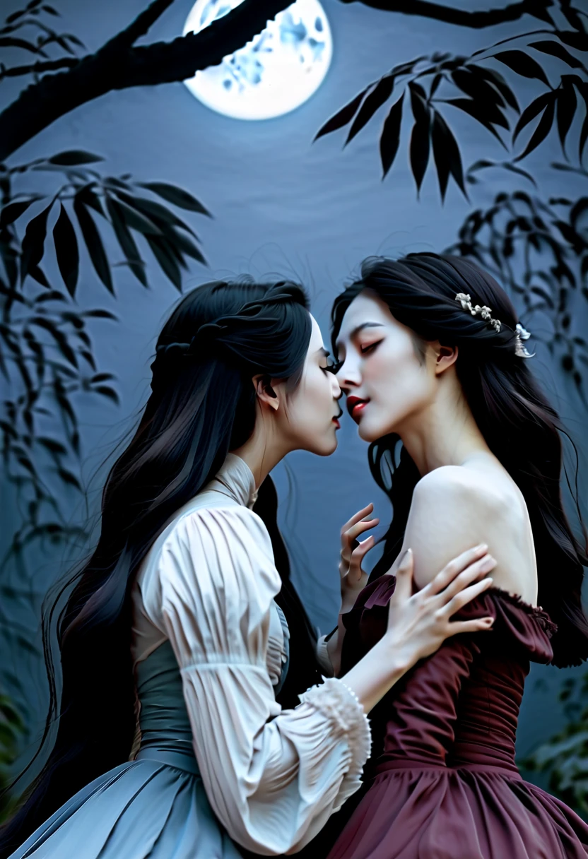 A girl with long black hair, sharp fangs, and crimson eyes passionately kisses another girl with porcelain skin and flowing black hair. The girl being kissed has a delicate smile and wraps her arms around the other girl's waist. The scene takes place under a moonlit night in a dark gothic garden, surrounded by ominous trees and creeping vines. Their passion is intensified by the eerie glow of the moon, casting shadows and revealing intricate details of their vampire features. The girls' clothing is elegant and Victorian-inspired, emphasizing their seductive beauty. The atmosphere is filled with an air of mystery and sensuality. With a medium of oil painting, the artwork is designed to exhibit the best quality, striving for ultra-detailed and photo-realistic visual effects. The color palette is dominated by deep burgundy, deep purple, and a touch of pale moonlight blue, enhancing the dark and haunting mood. The lighting is dramatic, with soft moonlight casting gentle highlights on the girls' faces and creating subtle shadows that add depth to the composition.