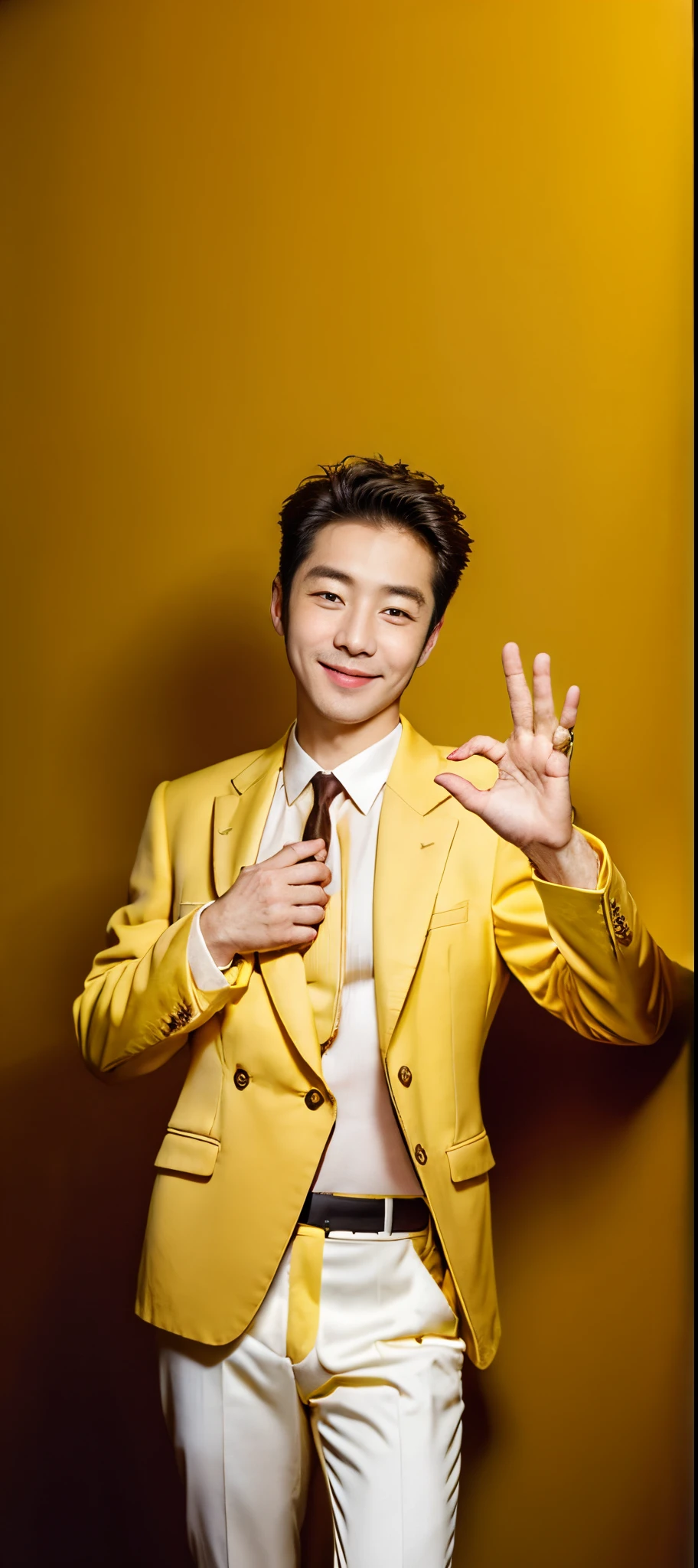 24 aged beautiful soft guys with smile mount, wear yellow office suit, studio picture with flat background, happy emotion, natural look fingers , have a OK sign in the left hand