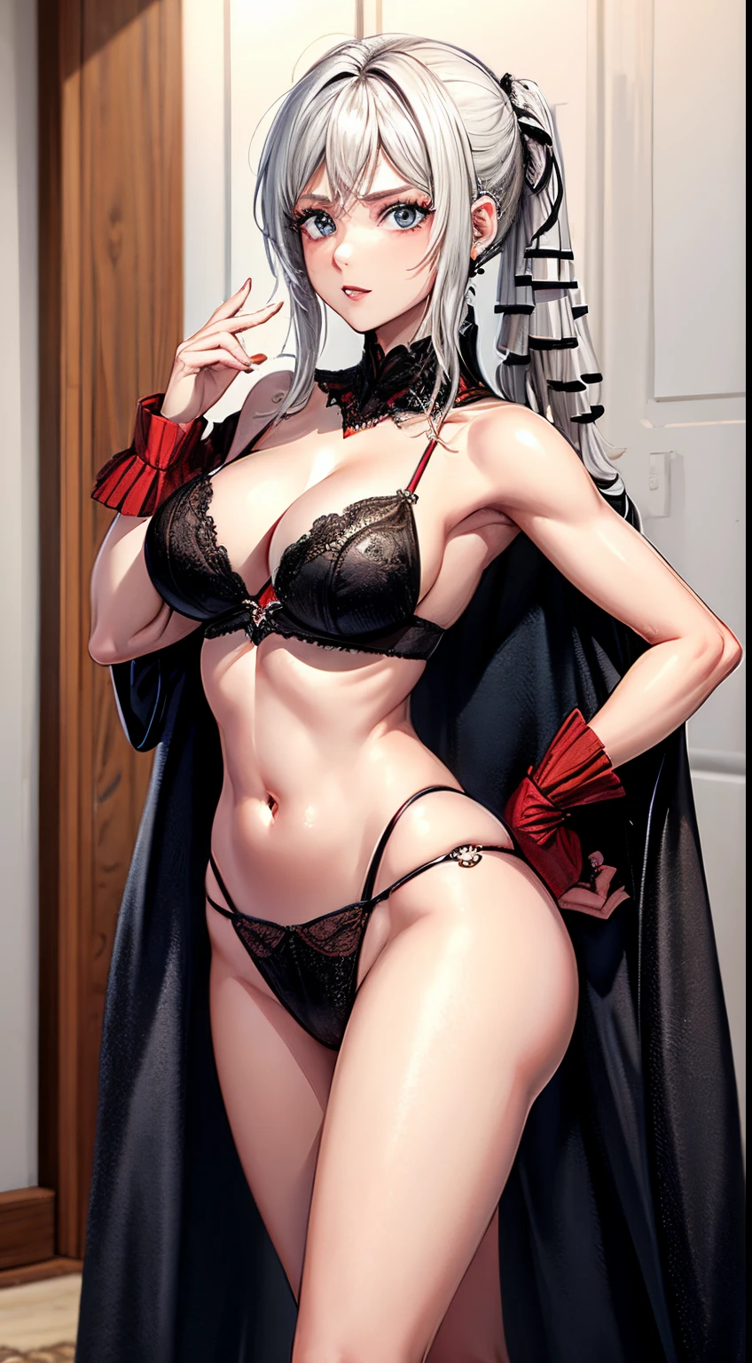 Uma mulher branca, cabelo ruivo, corpo sensual, de mini saia de xadrez vermelha, bra black, e meias pretas e com salto alto branco.
