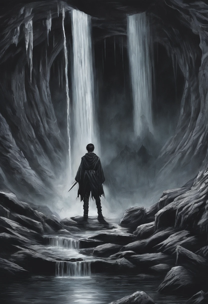 Black hair boy, by a waterfall in a cave, in black mage robes