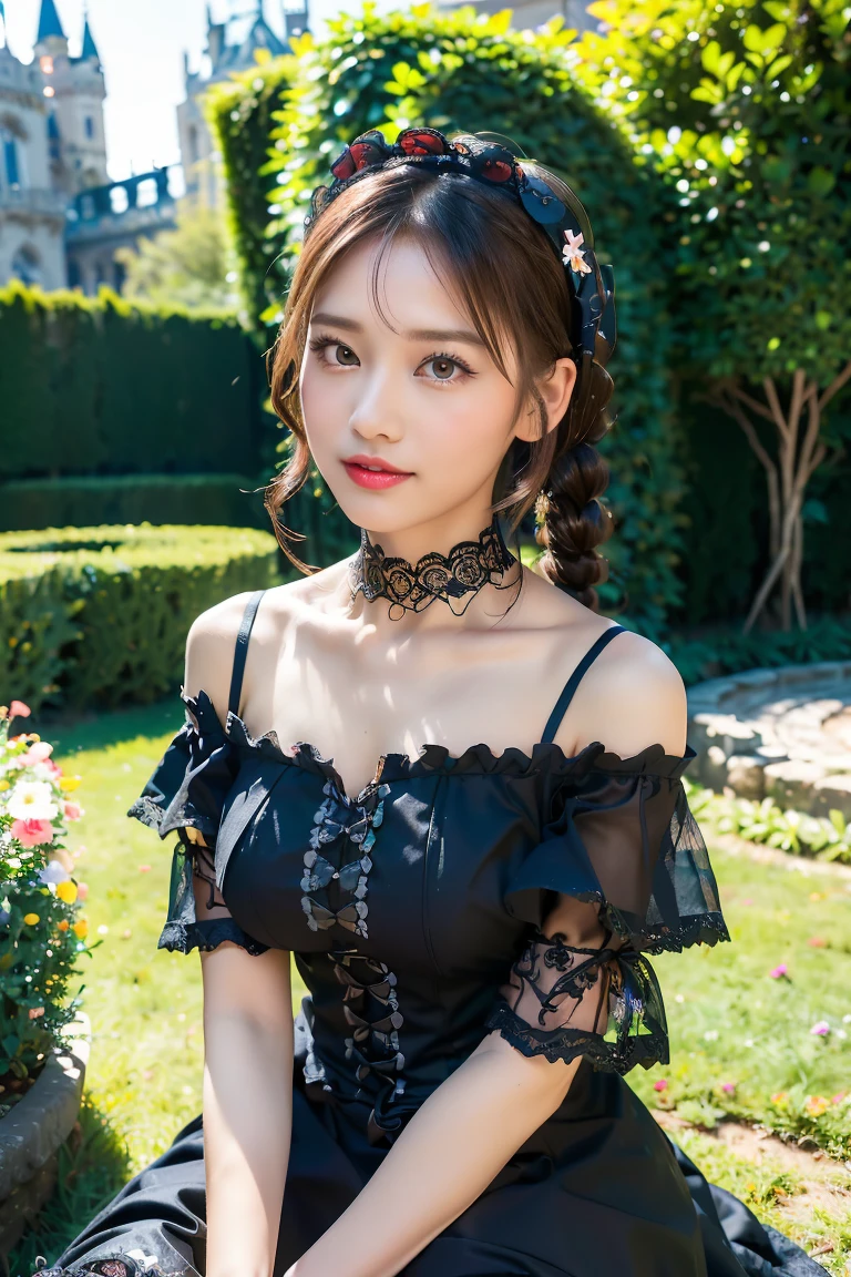 (((Gothic ta Fashion:1.3)),(((lace off shoulder dress))),(((Costume with intricate lace details))),(Emphasis on large breasts:1.3),(europe castle background:1.3),(Flower bed with colorful flowers in the garden),(crouching down:1.3),(Make the subject look three-dimensional with the contrast of light and shadow),Cute and beautiful girl,Cute round face,Cute smile,with blush cheeks,Red Lip,(silver white hair,Floral braided headband,half up、Floral Braided Space Van,Voluminous Fishtail Braids,Twisted chignon,),(Bangs are see-through bangs),hair pin,hair adornments,detailed clothes features,Detailed hair features,detailed facial features,(Dynamic angles),(Dynamic and sexy poses),profetional lighting,Cinematic Light,(masutepiece,top-quality,Ultra-high resolution output image, depth of fields,) ,(32k quality,depth of fields,Anatomically accurate facial structure,),(Sea Art 2 Mode:1.3),(Image Mode Ultra HD,)