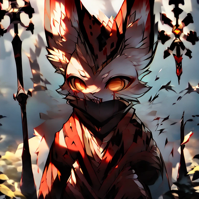 ( female white bunny)  ( white cloak with golden on it that covered in blood ) ( stars symbol on her chest) ( fairytale forest cover in snow )  ( holding a staff  ) ( death glare) ( face cover in blood) ( golden eyes)