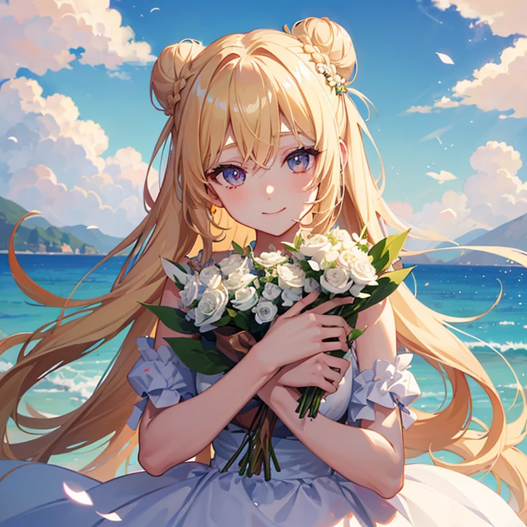 girl, frontage, blond hairbl, long whitr hair,Double bun hair with banglue color eyeeautidful eyes, ssmile, jk, Holding a bouquet of roses in both handlue-sky, baiyun, sunny clear sky, Beautiful white and flowers background, look over here,