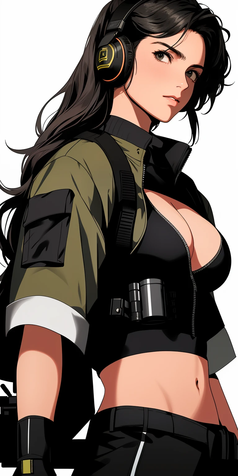 a woman in a black outfit holding a rifle and wearing headphones, soldier girl, big ass, deep cleavage, mechanized soldier girl, military girl, beautiful female soldier, female lead character, infantry girl, of a sniper girl in war, solo female character, future combat gear, close up half body shot, quiet from metal gear solid v, wearing tactical gear, dressed in tactical armor