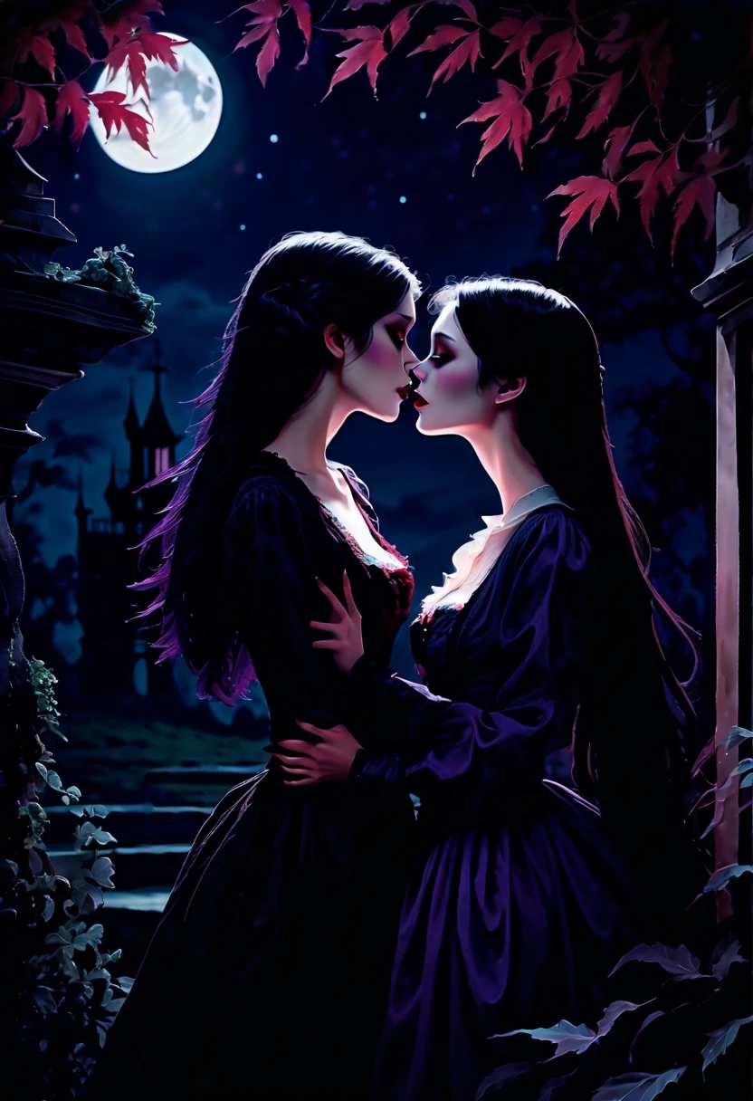 A girl with long black hair, sharp fangs, and crimson eyes passionately kisses another girl with porcelain skin and flowing black hair. The girl being kissed has a delicate smile and wraps her arms around the other girl's waist. The scene takes place under a moonlit night in a dark gothic garden, surrounded by ominous trees and creeping vines. Their passion intensified by the eerie glow of the moon, casting shadows and revealing intricate details of their vampire features. The girls' clothing elegant and Victorian-inspired, emphasizing their seductive beauty. The atmosphere filled with an air of mystery and sensuality. With a medium of oil painting, the artwork designed to exhibit the best quality, striving for ultra-detailed and photo-realistic visual effects. The color palette dominated by deep burgundy, deep purple, and a touch of pale moonlight blue, enhancing the dark and haunting mood. The lighting dramatic, with soft moonlight casting gentle highlights on the girls' faces and creating subtle shadows that add depth to the composition.