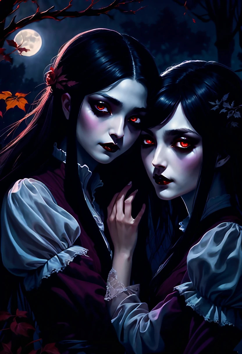 A girl with long black hair, sharp fangs, and crimson eyes passionately kisses another girl with porcelain skin and flowing black hair. The girl being kissed has a delicate smile and wraps her arms around the other girl's waist. The scene takes place under a moonlit night in a dark gothic garden, surrounded by ominous trees and creeping vines. Their passion intensified by the eerie glow of the moon, casting shadows and revealing intricate details of their vampire features. The girls' clothing elegant and Victorian-inspired, emphasizing their seductive beauty. The atmosphere filled with an air of mystery and sensuality. With a medium of oil painting, the artwork designed to exhibit the best quality, striving for ultra-detailed and photo-realistic visual effects. The color palette dominated by deep burgundy, deep purple, and a touch of pale moonlight blue, enhancing the dark and haunting mood. The lighting dramatic, with soft moonlight casting gentle highlights on the girls' faces and creating subtle shadows that add depth to the composition.