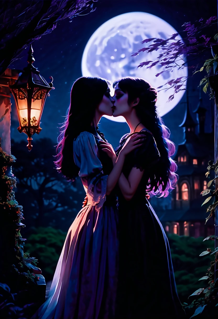 A girl with long black hair, sharp fangs, and crimson eyes passionately kisses another girl with porcelain skin and flowing black hair. The girl being kissed has a delicate smile and wraps her arms around the other girl's waist. The scene takes place under a moonlit night in a dark gothic garden, surrounded by ominous trees and creeping vines. Their passion  intensified by the eerie glow of the moon, casting shadows and revealing intricate details of their vampire features. The girls' clothing  elegant and Victorian-inspired, emphasizing their seductive beauty. The atmosphere  filled with an air of mystery and sensuality. With a medium of oil painting, the artwork  designed to exhibit the best quality, striving for ultra-detailed and photo-realistic visual effects. The color palette  dominated by deep burgundy, deep purple, and a touch of pale moonlight blue, enhancing the dark and haunting mood. The lighting  dramatic, with soft moonlight casting gentle highlights on the girls' faces and creating subtle shadows that add depth to the composition.