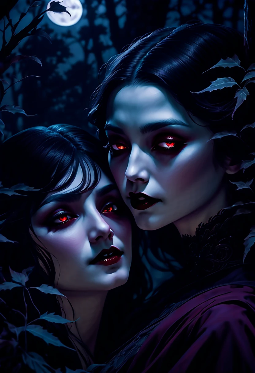 A book cover with written at the top Werewolf or vampire on the image the woman on the right is smaller than the left girl she has red eyes because she is a werewolf she has brown hair and she is Mexican (mestisse) the one on the left is rather tall and has black wavy hair reaching her bust she is just American she has gunmetal blue eyes and vampire teeth cause she is a vampire and blood on clothes. They are in the forest with the full one behind her.