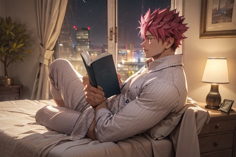1boy age 25 muscular body muscular shoulders, Natsu Dragneel sitting in blanket reading a book on bed, muscular body and shoulders. wearing pyjamas, bedroom scene, plants on the bedtable, lamp light, night time, window shows cityscape, (masterpiece, cg, 3d cg, detailed, blanket:1.2)