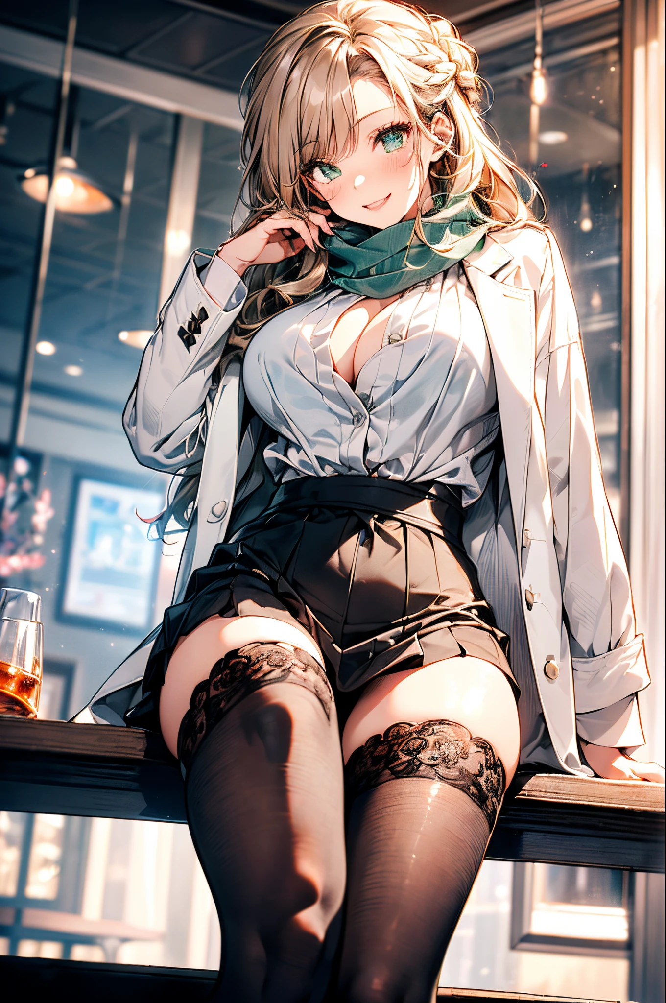 ((1 girl:1.5, playing around in snowy field in forest:1.37, sitting with rising up knees:1.6, with spreading legs:1.5)), Nordic, ((matured girl wearing Sexy white outfits:1.3, cable knit sweater:1.3, close to viewers:1.37, seducing sexually:1.25)), a matured woman with long hair and a white outfit, white winter coat with bore, knit scarf, green ribbon, knee length long boots, white and green winter outfits, wearing dark green pleated skirt:1.3, full bodyesbian, fine details, beautiful anime illustration, 26 years old, BREAK, ((milf:1.5, solo:1.5)), (sfw:1.25), (sagging breast, fuge breasts, big tits, thin waist, big ass:1.2), Raised sexy, (dark mahogany medium short hair, updo, hair over one eye, asymmetric hair, Carly hair, low tied braid, musulman, white Headscarfs, hair bands, head vandage, Turban), (ultra high resolution, 8K RAW photo, photo realistics, thin outline:1.3, clear focus, high qualtiy, natural lighting, textile shading, blurry back ground, depth of field, bokeh, (bright pupils:1.2, fine detailed beautiful eyes with highlight:1.3, super detailed eyes, high detailed face), Red lip, fine realistic skins:1.1, looking at viewers:1.3, (dynamic angle:1.3, crotch focus:1.3, from below:1.4), (multi posing:1.3, sexy pose:1.3, sitting with opening legs shaped M:1.5), (seductive, happy smile with opening mouth:1.4), centered image:0.2, (wearing white long coat with bore and clothes:1.1, bare breast:1.2), gold ornaments, rolling red clothes around waist, dark brown long leather boots:1.3, translucent lace pantyhose), (((correct anatomy:1.5, perfect hands:1.5, ideal ratio body proportions:1.37))), (in a night:1.3), outdoors:1.6, under starry sky:1.2,