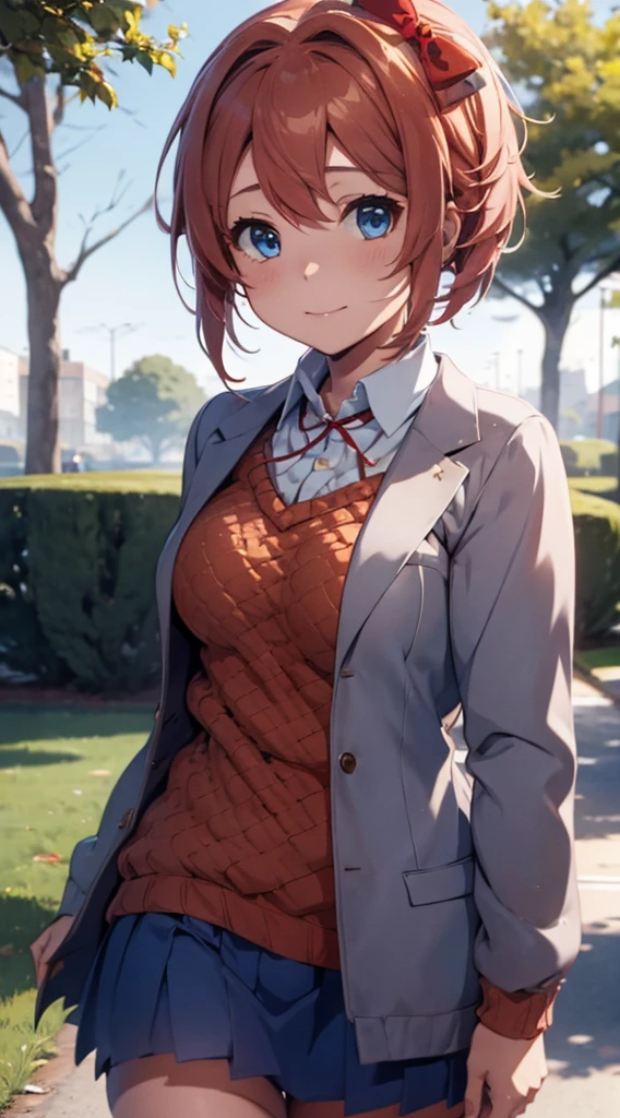 Sayori from ddlc walk in the park, blues eyes, blue skirt, coral pink hair, red bow, ddlc