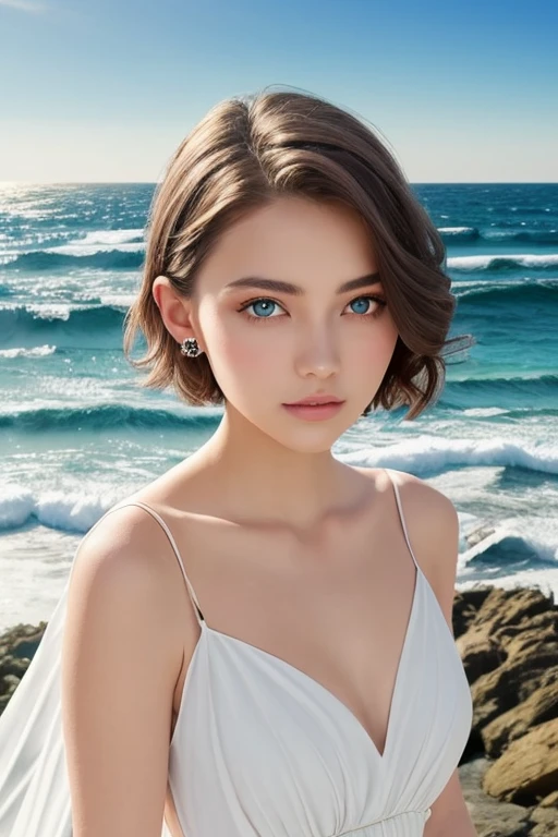 ((best quality)), ((masterpiece)), (detailed), perfect face, A Mesmerizing Full Body Portrait Of Beautiful Young Woman. Adorned With The Ethereal Grace, With Short Hair, And Captivating Brown Eyes, Wearing Flattering Translucent White Chiffon Dress, She Epitomizes Perfection, Masterpiece, Provides An otherworldly Aura To The photo. The Perfection Of Her Eyes Displays Expressiveness, A Clifftop Backdrop Displays Ocean Waves, Sea Mist And Fog, That Add An Ethereal Touch