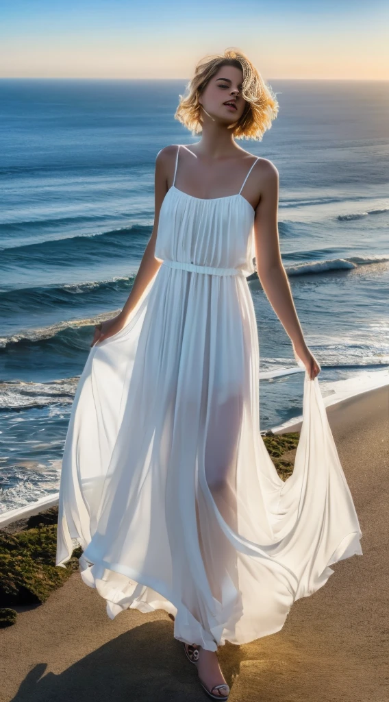 ((best quality)), ((masterpiece)), (detailed), perfect face, A Mesmerizing Full Body Portrait Of Beautiful Young Woman. Adorned With The Ethereal Grace, With Short Hair, And Captivating Brown Eyes, Wearing Flattering Translucent White Chiffon Dress, She Epitomizes Perfection, Masterpiece, Provides An otherworldly Aura To The photo. The Perfection Of Her Eyes Displays Expressiveness, A Clifftop Backdrop Displays Ocean Waves, Sea Mist And Fog, That Add An Ethereal Touch