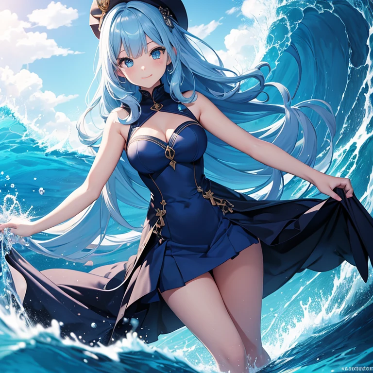 Master piece, 8k, ultra detailed, blue dress, girl, long light blue hair, navy color eyes, smiley face, full body frame, ocean wave background