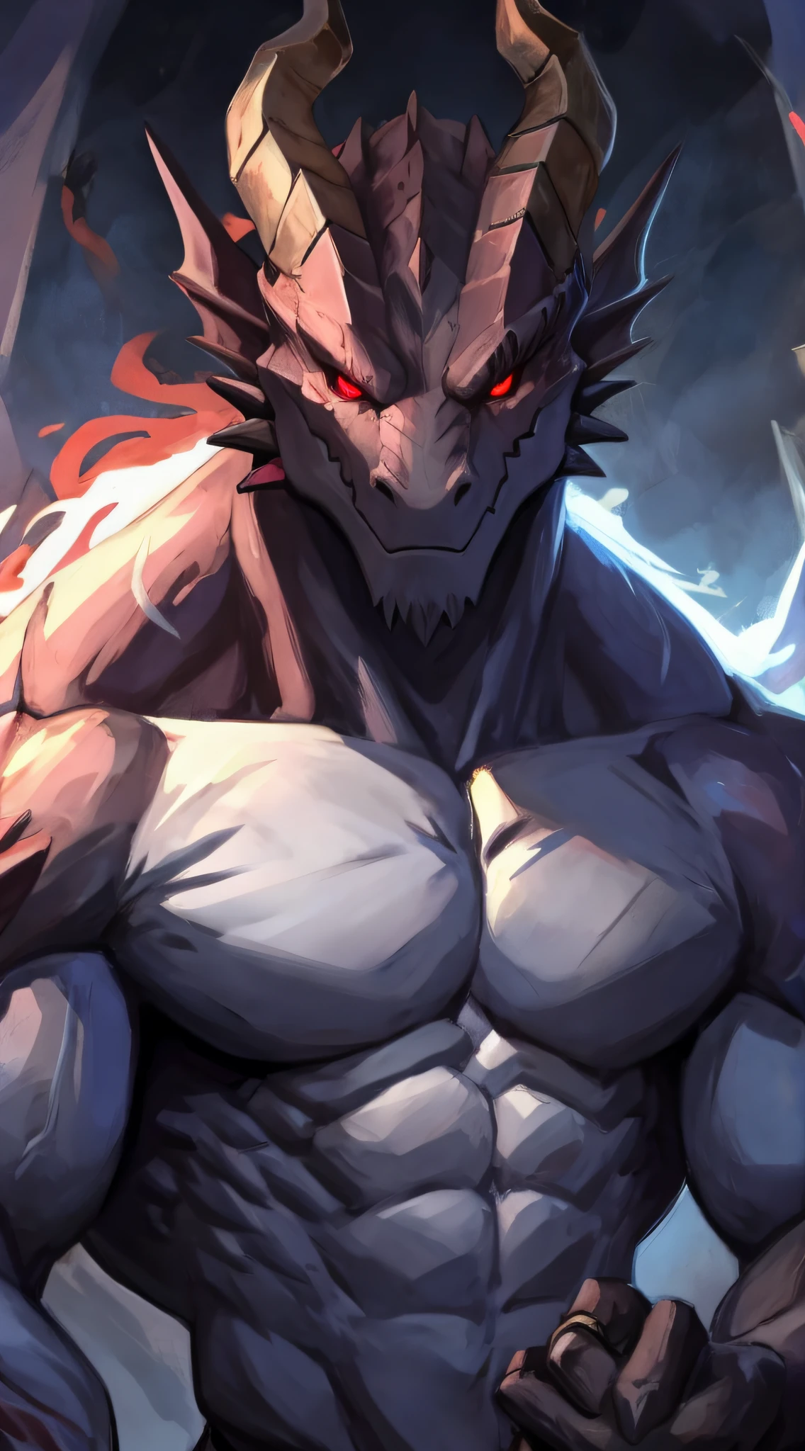 Demons,a dragon,Red Eyes,muscular,Tall,In the hand that holds the enemy'head,straight-looking at viewer