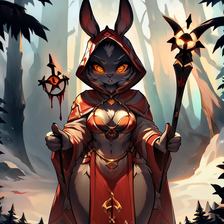 ( female white bunny) ( white and golden ancient clothes ) ( stars symbol on her chest) ( fairytale forest cover in snow ) ( holding a staff ) ( death glare) ( face cover in blood) ( golden eyes)