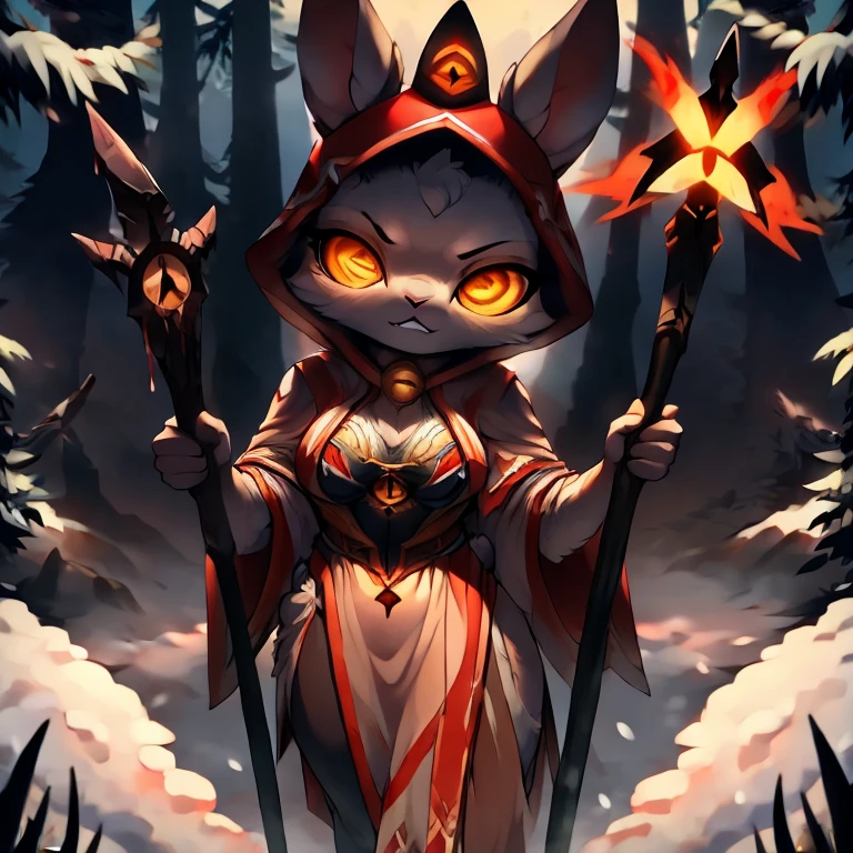 ( female white bunny) ( white and golden ancient clothes ) ( stars symbol on her chest) ( fairytale forest cover in snow ) ( holding a staff ) ( death glare) ( face cover in blood) ( golden eyes)