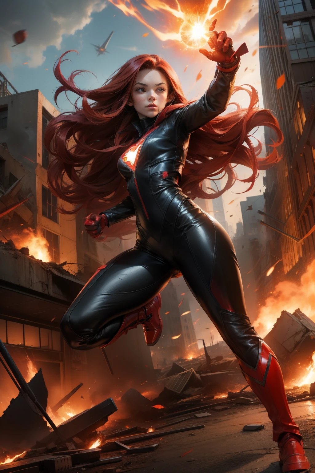 Girl, superhero, red long hair, leather black suit, full body, casting fireball with hands, middle of destroyed City, attacking