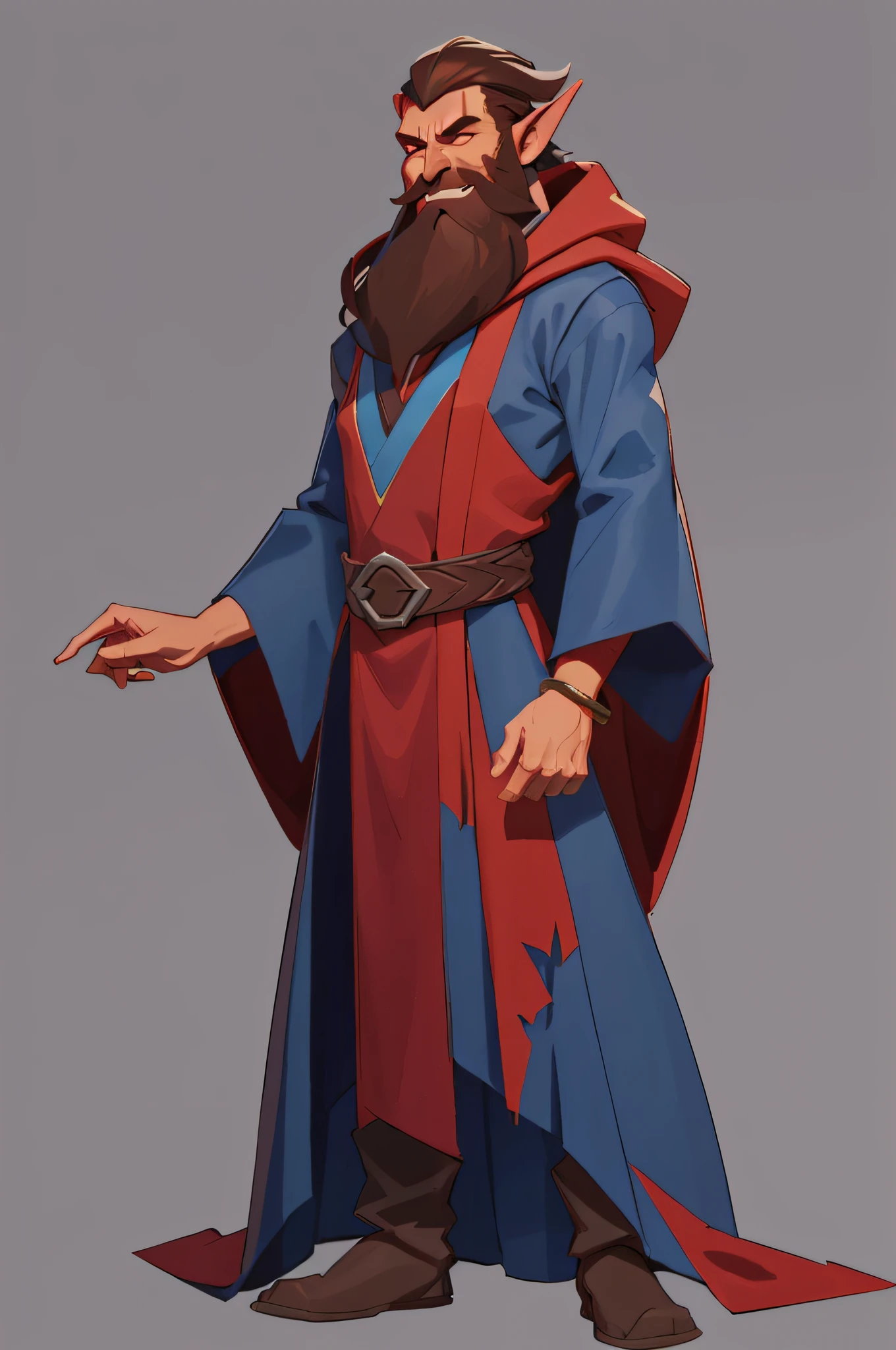 1boy, monster ((RED SKIN)), pointed ears, broad nose, ((DARK BROWN BEARD)), wearing wizard robes(blue), pointed cap(red), mstoconcept art, european and american cartoons, game character design, solo, BACKGROUND, GRAY BACKGROUND, WIZARD, FULL BODY, STANDING, SMILING, ROBE, HOOD, JEWELRY, BRACELET, WIDE SLEEVES, BELT, GEMSTONE, LONG SLEEVES,