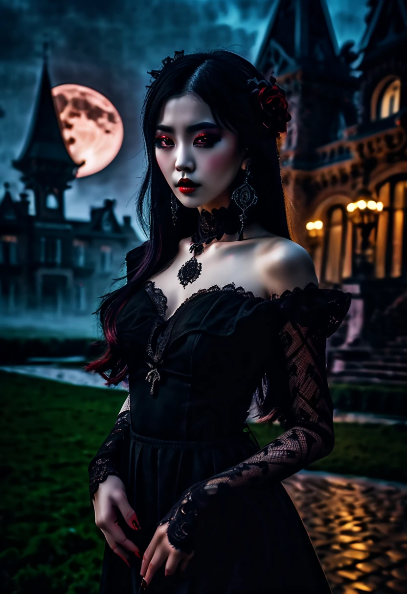 (best quality,4k,8k,highres,masterpiece:1.2),ultra-detailed,(realistic,photorealistic,photo-realistic:1.37),HDR,UHD,extreme detail description,physically-based rendering,professional,vivid colors,bokeh,portraits
two semi-nude asian goth girls, detailed face features, long dark hair, expressive eyes, gothic makeup, pale skin, sensual lips, painted black nails, lace choker necklace, silver rings on fingers, in a goth fashion style, embracing each other passionately, in front of a majestic victorian mansion, surrounded by thick dark fog, illuminated by the moonlight, creating a mysterious atmosphere, intricate iron gates with intricate patterns, old vines crawling up the walls, eerie shadows cast on the ground, moon shining through the clouds, casting an ethereal glow, vibrant colors contrasting with the dark night, romantic and dark ambiance, delicate details captured in every stroke, high level of realism, sharp focus on the characters, chiaroscuro lighting, emphasizing the facial features and body contours, capturing the essence of the gothic aesthetic, creating an emotionally charged and captivating scene.