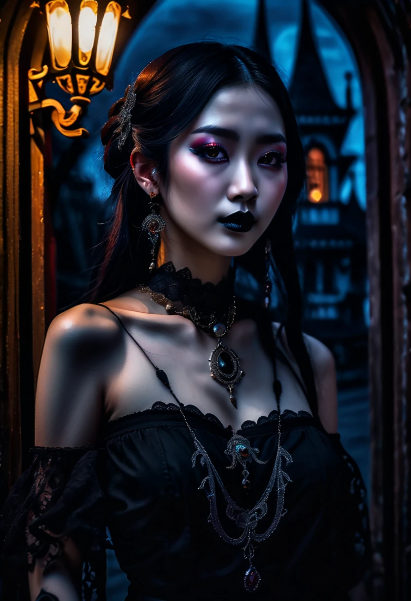 (best quality,4k,8k,highres,masterpiece:1.2),ultra-detailed,(realistic,photorealistic,photo-realistic:1.37),HDR,UHD,extreme detail description,physically-based rendering,professional,vivid colors,bokeh,portraits
two semi-nude asian goth girls, detailed face features, long dark hair, expressive eyes, gothic makeup, pale skin, sensual lips, painted black nails, lace choker necklace, silver rings on fingers, in a goth fashion style, embracing each other passionately, in front of a majestic victorian mansion, surrounded by thick dark fog, illuminated by the moonlight, creating a mysterious atmosphere, intricate iron gates with intricate patterns, old vines crawling up the walls, eerie shadows cast on the ground, moon shining through the clouds, casting an ethereal glow, vibrant colors contrasting with the dark night, romantic and dark ambiance, delicate details captured in every stroke, high level of realism, sharp focus on the characters, chiaroscuro lighting, emphasizing the facial features and body contours, capturing the essence of the gothic aesthetic, creating an emotionally charged and captivating scene.