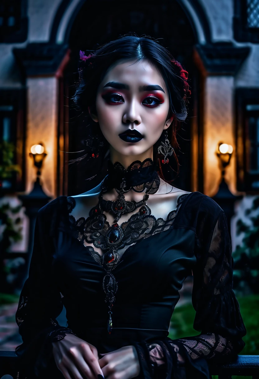 (best quality,4k,8k,highres,masterpiece:1.2),ultra-detailed,(realistic,photorealistic,photo-realistic:1.37),HDR,UHD,extreme detail description,physically-based rendering,professional,vivid colors,bokeh,portraits
two semi-nude asian goth girls, detailed face features, long dark hair, expressive eyes, gothic makeup, pale skin, sensual lips, painted black nails, lace choker necklace, silver rings on fingers, in a goth fashion style, embracing each other passionately, in front of a majestic victorian mansion, surrounded by thick dark fog, illuminated by the moonlight, creating a mysterious atmosphere, intricate iron gates with intricate patterns, old vines crawling up the walls, eerie shadows cast on the ground, moon shining through the clouds, casting an ethereal glow, vibrant colors contrasting with the dark night, romantic and dark ambiance, delicate details captured in every stroke, high level of realism, sharp focus on the characters, chiaroscuro lighting, emphasizing the facial features and body contours, capturing the essence of the gothic aesthetic, creating an emotionally charged and captivating scene.