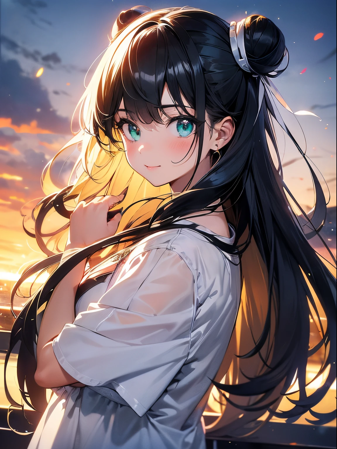 ((long black hair in two buns)), parting bangs.、A dark-haired、((Green eyes))、 (Ultra-detailed), ((kawaii)), tremble for), ((Sexy)), (Ero), ((Extremely detailed)), 4K, (8K), Best Quality, (Beautiful), Anime style, Upper body, raise a hand, Focus on the face, building, morning, Cute little girl s, 1girl in, Solo, White-skinned, horseshoe-shaped hairband, earrings, Necklace, lightsmile, Wind-effect, reflection effect