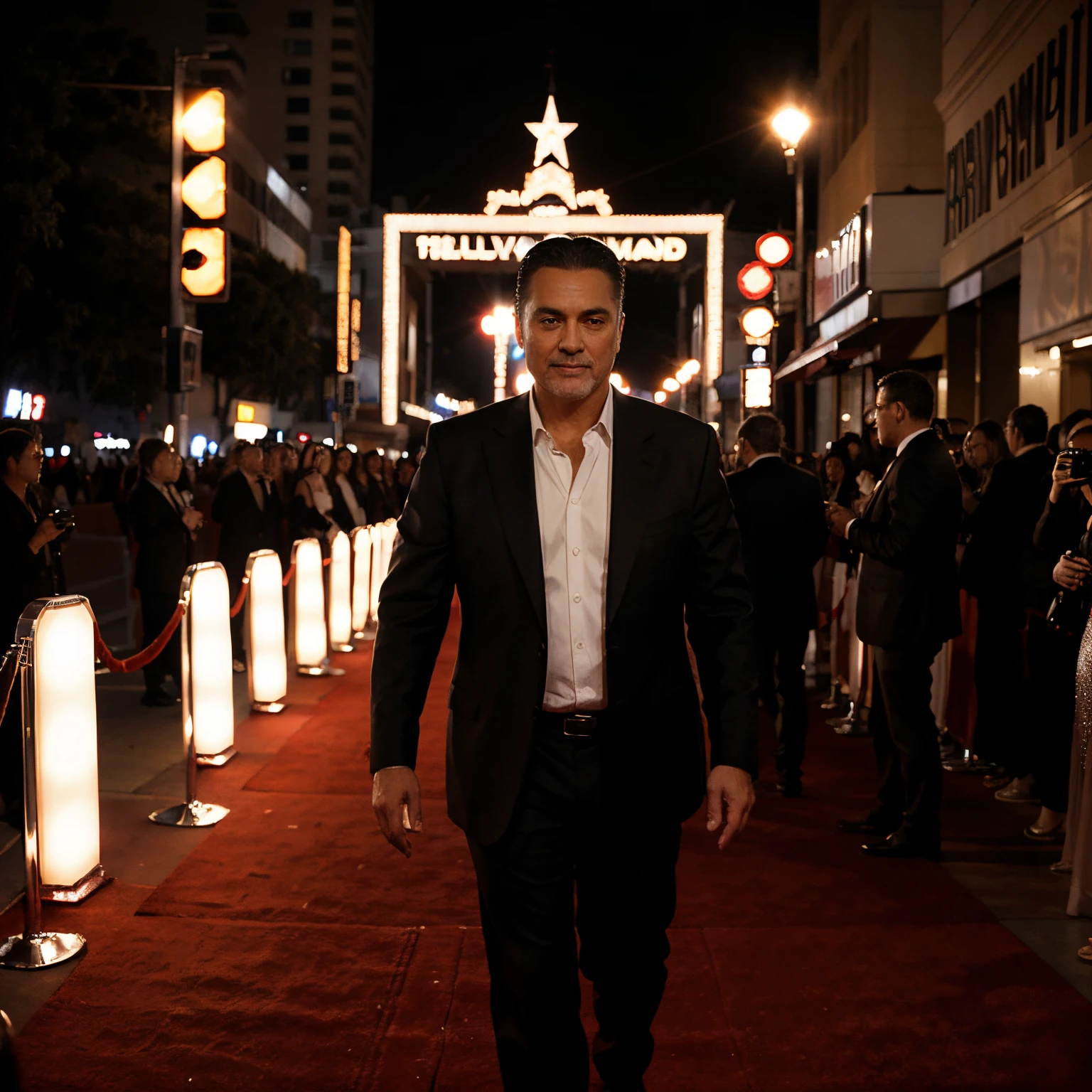 Create a picture of me, walking down the red carpet, attending a glamorous Hollywood premier with hundreds of photographer and lightbulbs flashing, showing me in the light of being a classic Hollywood actor