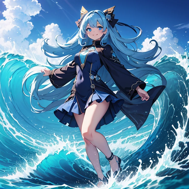 Master piece, 8k, ultra detailed, blue dress, girl, long light blue hair, navy color eyes, smiley face, full body frame, ocean wave background