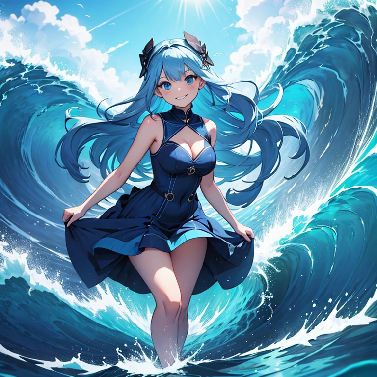 Master piece, 8k, ultra detailed, blue dress, girl, long light blue hair, navy color eyes, smiley face, full body frame, ocean wave background