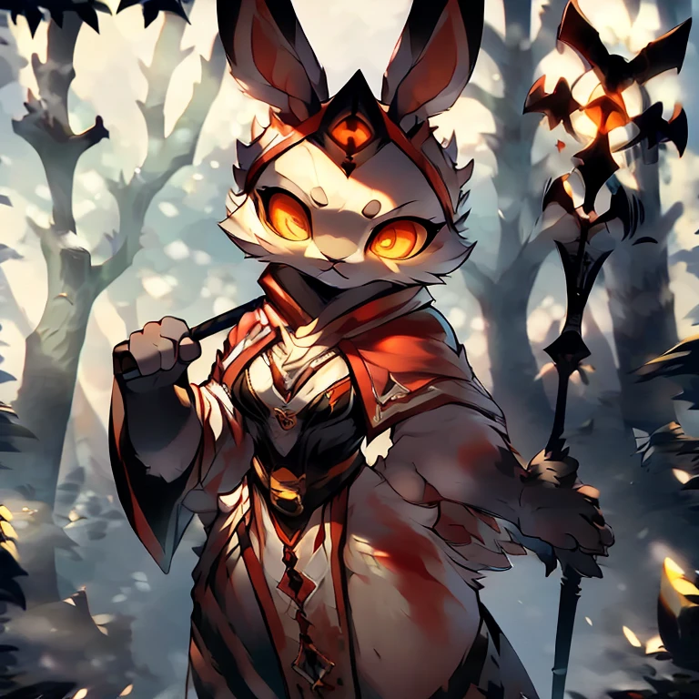 ( female white bunny) ( white and golden ancient clothes that cover almost her body ) ( stars symbol on her chest) ( fairytale forest cover in snow ) ( holding a staff ) ( death glare) ( face cover in blood) ( golden eyes)