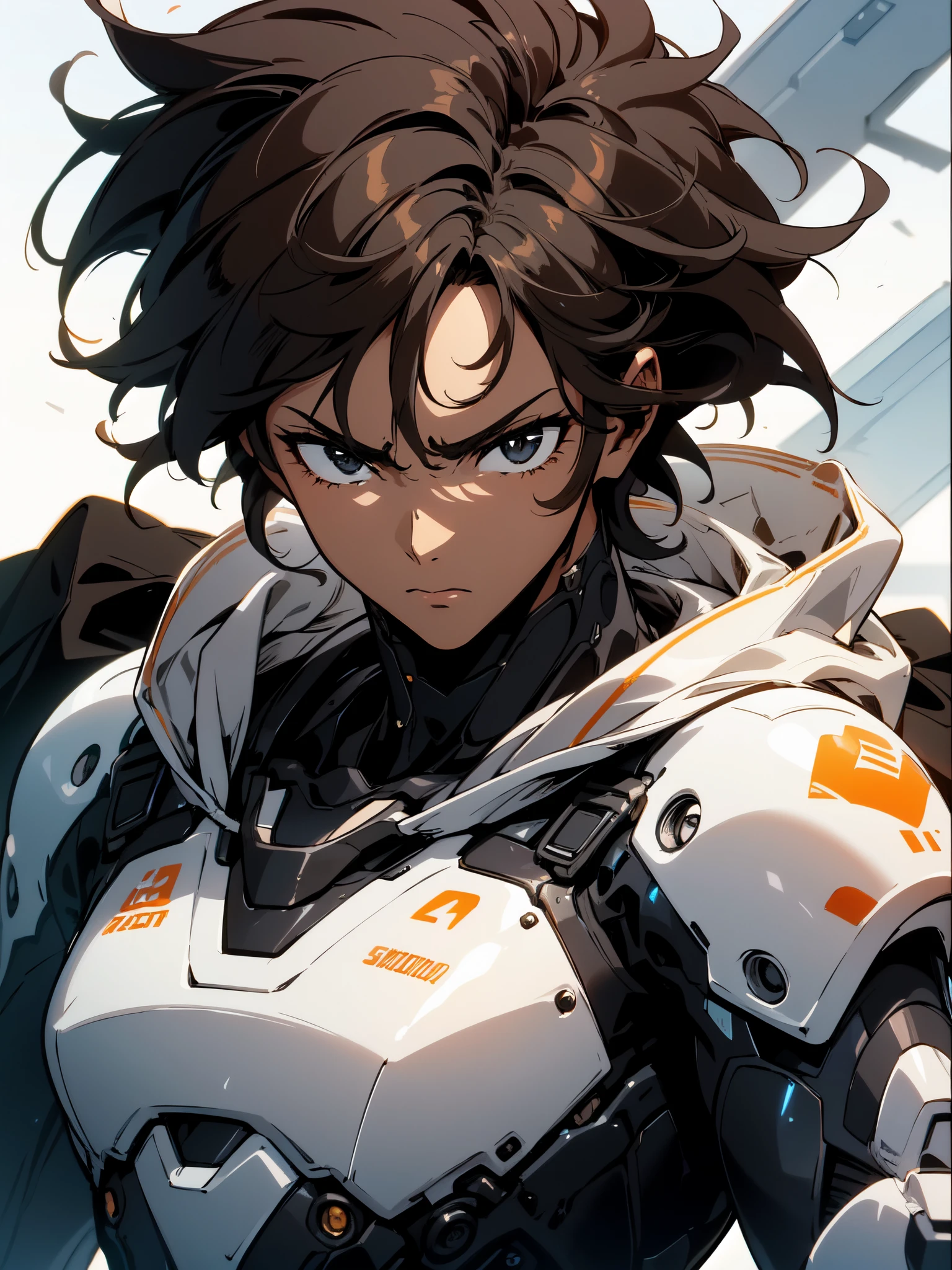 Masterpiece, highres, High quality, Dark skin , male, slightly buff, medium dark brown hair hair, big innocent grey eye's, wearing a black full bodysuit, six white long torn scarf, hooded white cloaks, black white battle Gauntlets, dramatic sho, intensive, cool, badass, Wielding a White mecha god sword, close up| portrait