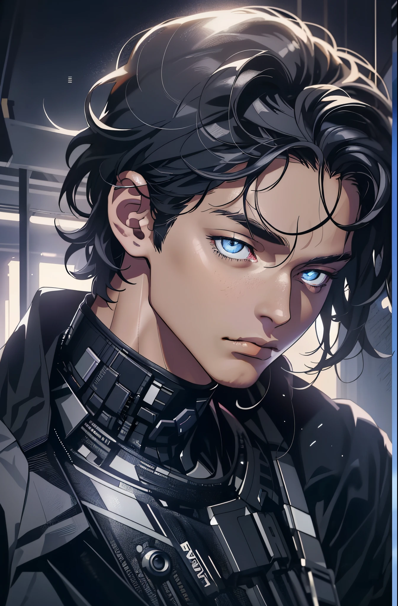 (cyber punk perssonage:1.3) , Black pantsuit, Black T-shirt with, melancholy lighting, A tranquil, peacful, luminance, tmasterpiece, best qualityer, (Ultra photo realsisim:1.3), (tmasterpiece:1.4), best qualtiy, ((realisticlying)), high high quality, ultra - detailed, ((Authentic images)), ((Realistic skin)), ((photorealiscic face)), (illustratio:1.05), (Handsome:1.05), (beatiful detailed eyes:1.05), (cinematric light:1.1), Blue in the detachment, perfect whole body,Black and blue clothes,White sneakers,(Handsome male),(perfect male figure), short detailed hair,Detailed face, Perfect face, (The stands up), Detailed background, ((Bonifasko lighting)), (Detailed eyes), perfect pupils
