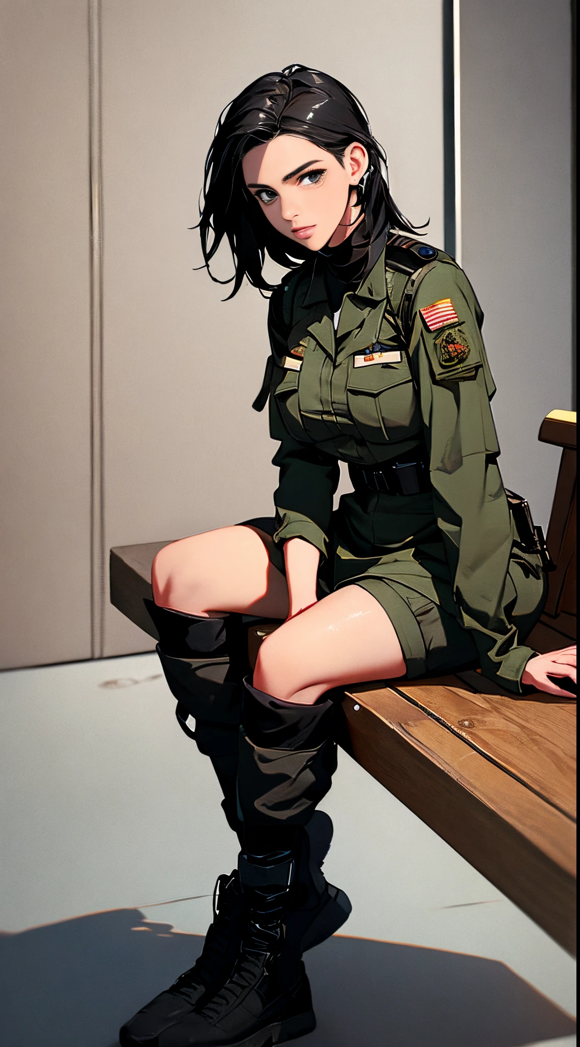 offcial art,Unity8k wallpapers,ultra - detailed,Beauty and aesthetst quality at best,Complicated detailatte painting,cinematic ligh,clucked,humongous large breast,(真实感:1.4),ultra - detailed,Beauty and aesthetics,tmasterpiece,Best quality at best,photoreal render,peacful,Alafis sitting on a bench in military uniform, mechanized soldier girl, quiet from metal gear solid, soldier girl, in a soldier uniform, infantry girls, Emma Watson Vietnam gunner, dieselpunk soldier girl, army suit, soldier outfit, quiet from metal gear solid v, military girl, solo female character, army girl outfit, From Metal Gear