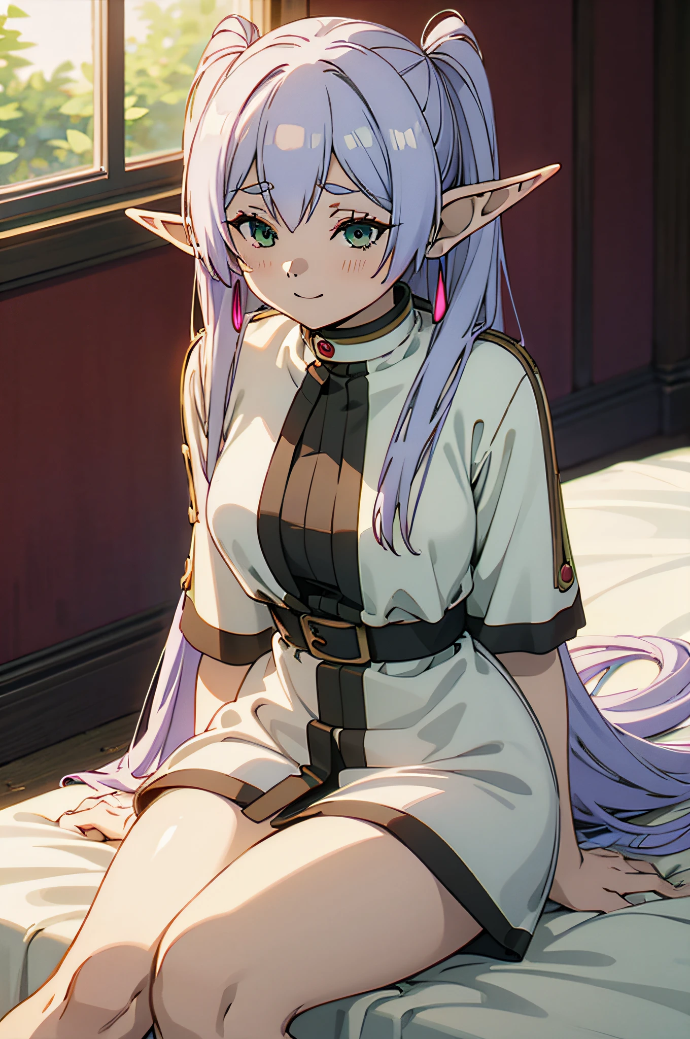 (masutepiece, High quality,The ultra -The high-definition、4K,  1girl in), Very long hair, Silver hair, Twin-tailed, pointy ear, elf, Green eyes, Athletic, Small breasts, pointy ear, babydoll, see through, Underwear, Underwear only, Smile, Assertive girl, Indoors, Sitting, on white bed