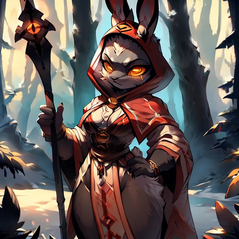 ( female white bunny) ( white and golden ancient clothes that cover almost her body ) ( stars symbol on her chest) ( fairytale forest cover in snow ) ( holding a staff ) ( death glare) ( face cover in blood) ( golden eyes)