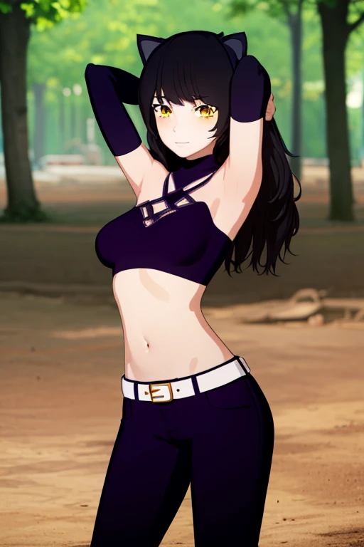 blake, blake, blake belladonna, long hair, black hair, (yellow eyes:1.5), long hair, bangs, animal ears, cat ears,
BREAK navel, midriff, belt, halterneck, criss-cross halter, bare shoulders, bare arms, pants, black pants,
BREAK looking at viewer, full body, (cowboy shot:1.9),
BREAK outdoors, smile, arms behind head, spread armpits, forest, dark sky, contrapposto,
BREAK (masterpiece:1.2), best quality, high resolution, unity 8k wallpaper, (illustration:0.8), (beautiful detailed eyes:1.6), extremely detailed face, perfect lighting, extremely detailed CG, (perfect hands, perfect anatomy),