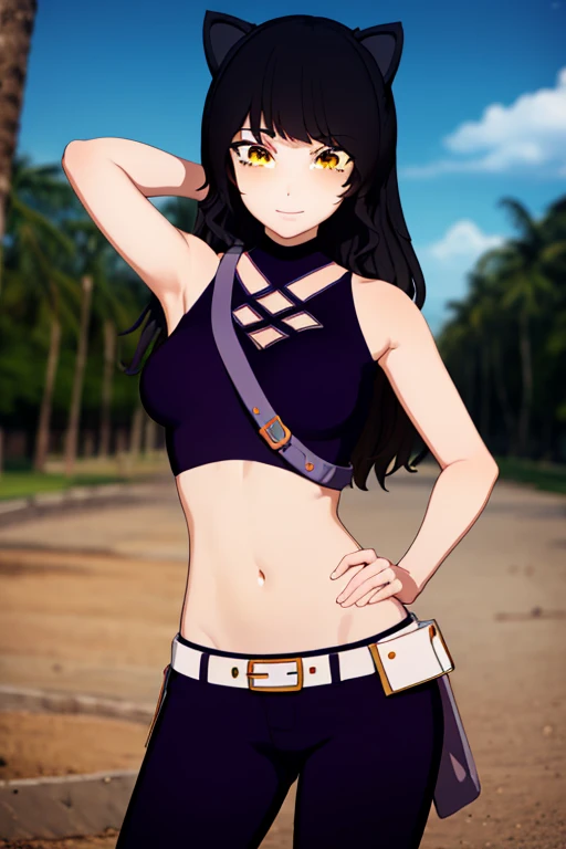 blake, blake, blake belladonna, long hair, black hair, (yellow eyes:1.5), long hair, bangs, animal ears, cat ears,
BREAK navel, midriff, belt, halterneck, criss-cross halter, bare shoulders, bare arms, pants, black pants,
BREAK looking at viewer, full body, (cowboy shot:1.9),
BREAK outdoors, smile, arms behind head, spread armpits, forest, dark sky, contrapposto,
BREAK (masterpiece:1.2), best quality, high resolution, unity 8k wallpaper, (illustration:0.8), (beautiful detailed eyes:1.6), extremely detailed face, perfect lighting, extremely detailed CG, (perfect hands, perfect anatomy),