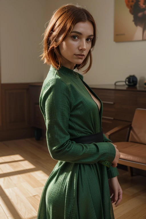 An environment with parametric interior decoration and works of art, vernissage atmosphere, stunning intricate full color portrait of a woman, wearing a green dress, orange hair, happy, epic character composition, by ilya kuvshinov, alessio albi, nina masic, sharp focus, natural lighting, subsurface scattering, f2, 35mm, film grain, portait, closeup, very detailed skin texture