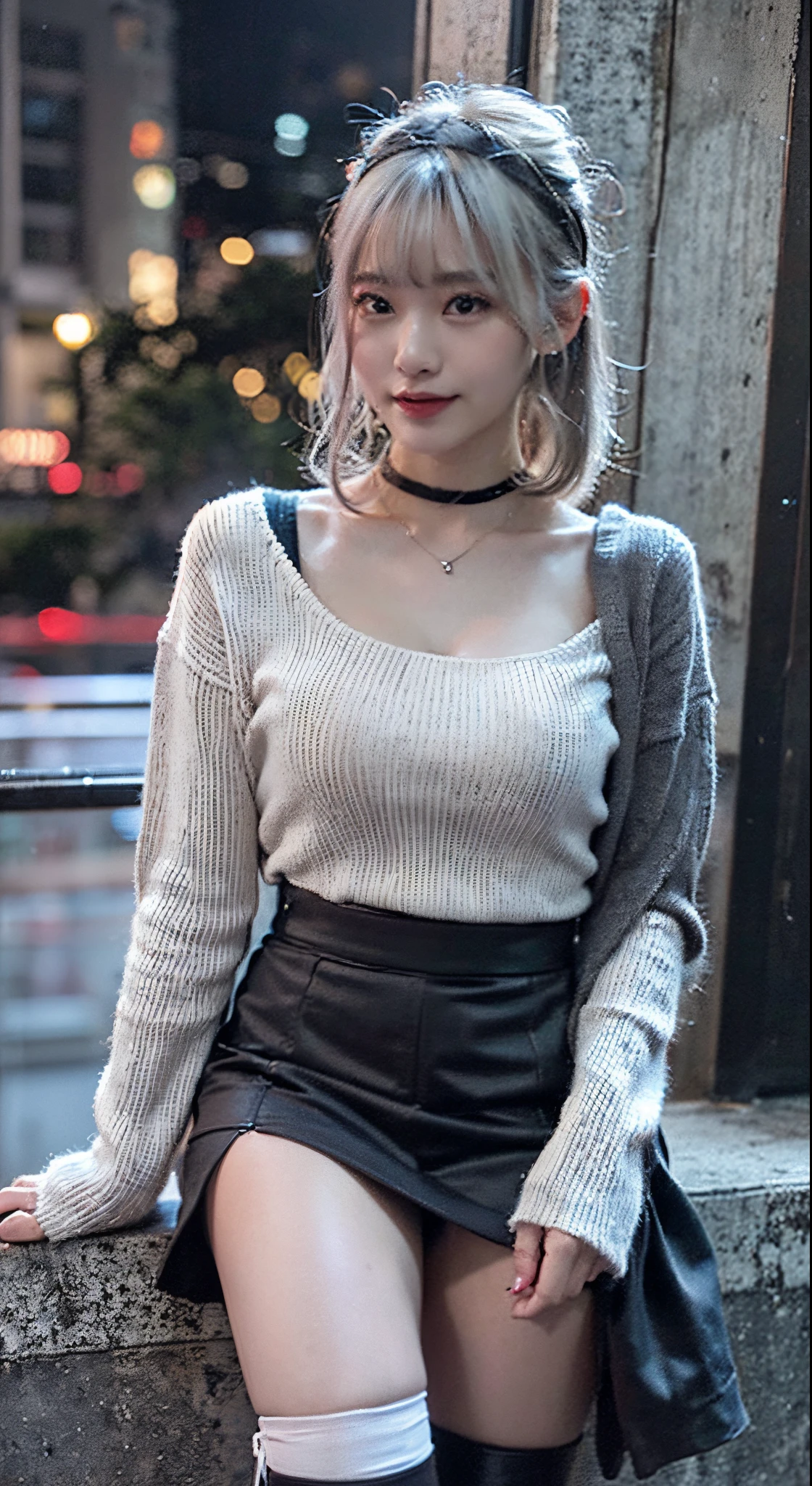 Realistic Young Gravure Idol、Japanese Models、Young Pretty Gravure Idol、Engaging pose、goddess of Japan、Young Gravure Idol、Young skinny gravure idol、(masterpiece:1.3)、(8K、photo realisti、Raw photography、Top image quality:1.4)、18 year old Japanese girl、Super Detail Face、Eye of Detail、二重まぶた、foco nítido:1.2、prety woman:1.4、top-quality、超A high resolution、(Photorealsitic:1.4)、slender、A cityscape with floating ribs、in the cyberpunk city、Cityscape、girl、A smile、((White hair))、Wavy Hair、hair-bun、hair pin、purple hairband、Beautiful detailed eyes、sweater dress、Ribbed sweater、Miniskirt、(The skirt has a slit that goes all the way to the waist..)、(You can see black pants through the slit)、sexy lingerie、Garter belt stockings、knee、long boots、Necklace、Black Choker、Half Glove Ingarless Shits、All、((Skirt lift))、