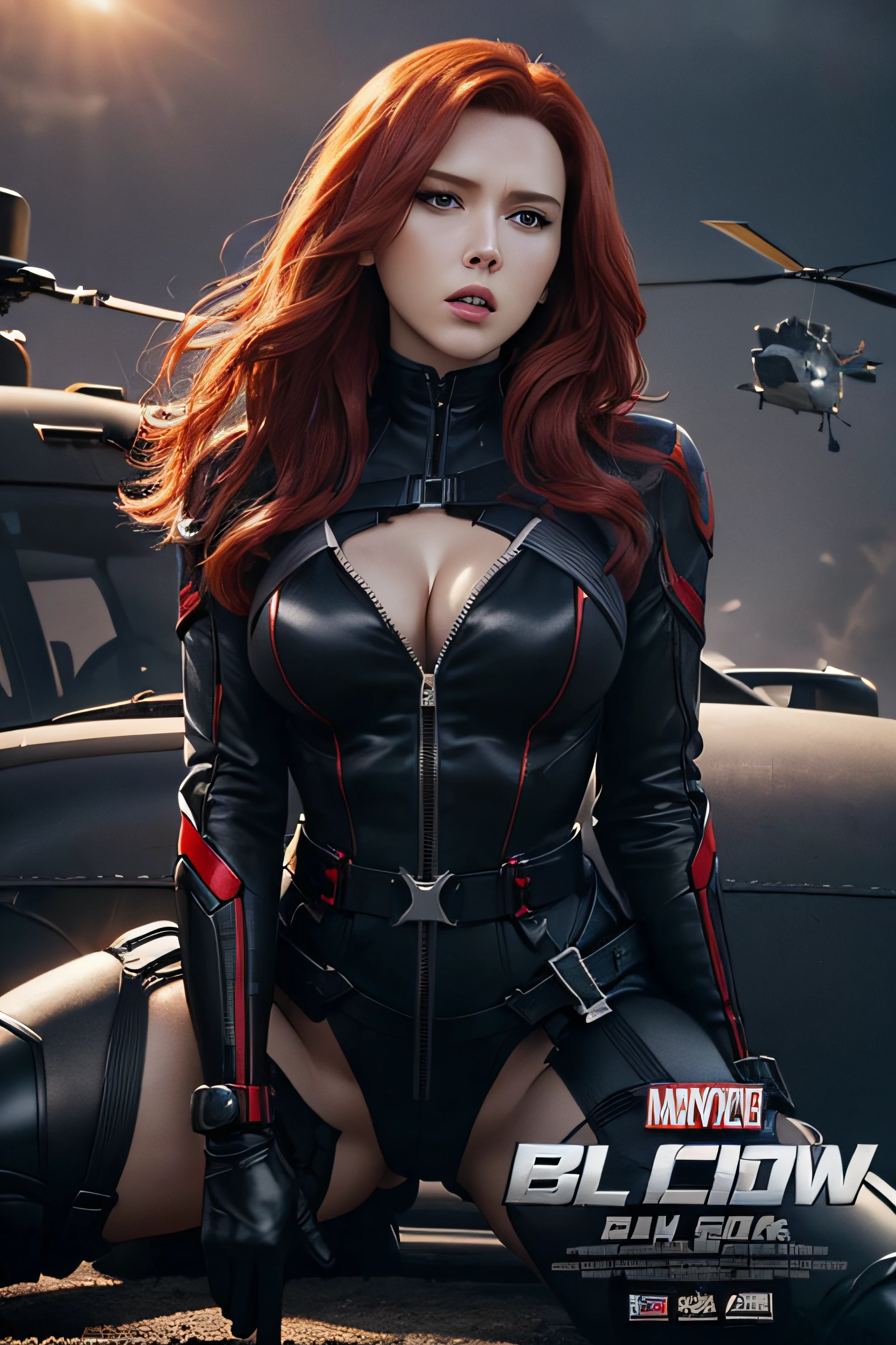 (black widow movie poster:1.1)、(Titles:1.1)、(and credits:1.1)、1womanl、(Super beautiful)、(beauitful face:1.5)、(A detailed face)、black widow natasha、Red hair、(Thick bodysuit:1.1)、(long boot rack belt:1.1)、(Bare legs:1.2)、(with spreading legs:1.1)、(helicopter:1.2)、(At SFW)