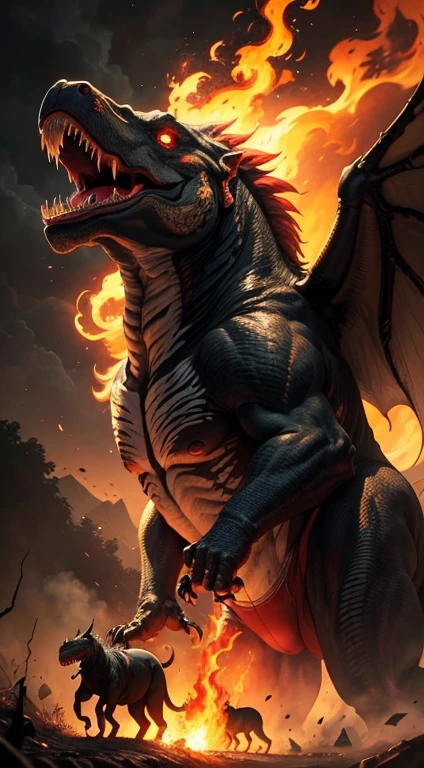hell in the jungle,fiery flames,Dangerous tyrannosaurus tears up forest,The majestic and detailed Tyrannosaurus rex,horror atmosphere,strange firelight,Scorching heat,burning vegetation,blazing infero,High octane rating,Intense and powerful movements,powerful predator,Thrilling adventure,Epic battle scenes,action-packed moments,Vibrant and intense,Oil painting of the Renaissance,Ultra-detailed anatomy,Realistic depiction,Impressive color palette,vivid and dramatic contrast,Deep shadows and vibrant highlights,soft and warm lighting,haze,Ominous silhouette,Crackling fire, crazy chase, ancient creatures emerging from the flames, Mass destruction, Roaring commotion, The air  full of fascinating energy, immense power, Hasty, inner experience.
