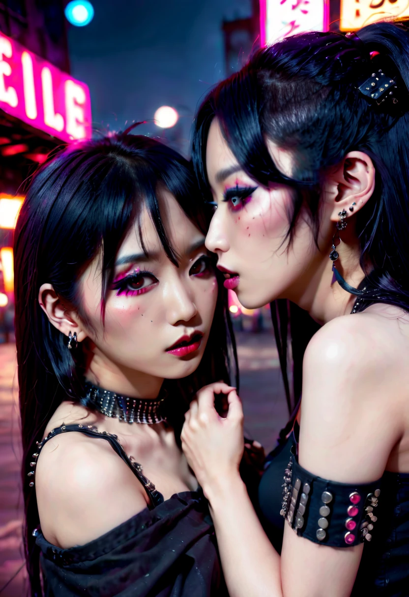 two asian goth girls, intense atmosphere,captivating expressions,creative makeup,dark clothing, long black hair,studded accessories,mysterious aura,soft goth aesthetic,urban setting,nighttime scene,neon lights,gritty backdrop,punk-inspired attitude,beauty in rebellion,film noir style,dramatic shadows,subtle smoky eyes,vibrant colored hair,expressive body language,tattoos and piercings, alternative fashion,cityscape as a backdrop,bold contrasts,emotional connection between the girls,fierce and passionate,raw and authentic moments,highly detailed imagery,realistic rendering,stunning visual impact,breathtaking colors,high-quality resolution,meticulous attention to detail,artistic photography style,soft warm tones,subtle natural lighting,unique artistic interpretation.