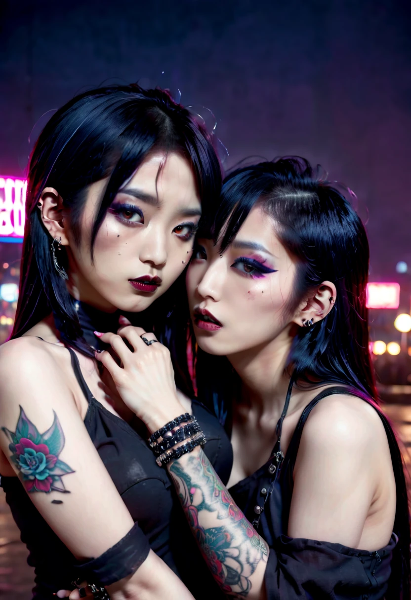 two asian goth girls, intense atmosphere,captivating expressions,creative makeup,dark clothing, long black hair,studded accessories,mysterious aura,soft goth aesthetic,urban setting,nighttime scene,neon lights,gritty backdrop,punk-inspired attitude,beauty in rebellion,film noir style,dramatic shadows,subtle smoky eyes,vibrant colored hair,expressive body language,tattoos and piercings, alternative fashion,cityscape as a backdrop,bold contrasts,emotional connection between the girls,fierce and passionate,raw and authentic moments,highly detailed imagery,realistic rendering,stunning visual impact,breathtaking colors,high-quality resolution,meticulous attention to detail,artistic photography style,soft warm tones,subtle natural lighting,unique artistic interpretation.