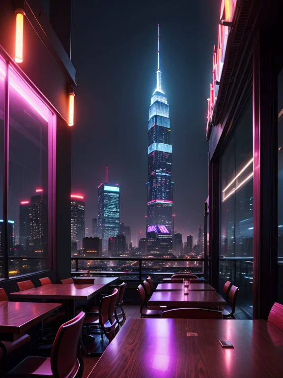 Skyscraper rooftop lunch dining cyberpunk night view neon lights big city top quality masterpiece ultra high definition