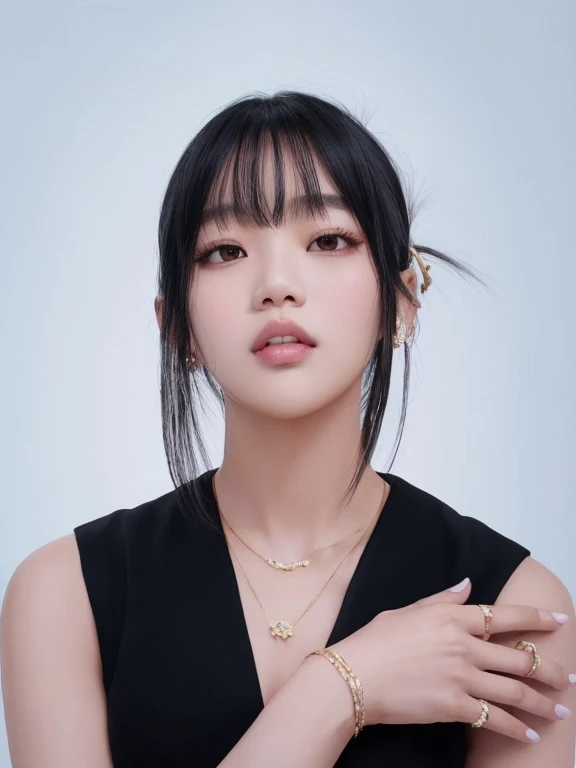 un primer plano de una mujer con un vestido negro y un collar de oro, Lalisa Manobal, Lalisa Manoban de Blackpink, Jossi de Blackpink, JIA, Jaeyeon Nam, Jinyoung Shin, Ella tiene el pelo negro con flequillo, Lee Ji - Eun, Lee Ji-eun, Parque Ji-min, Heonhwa Choe, Gongbi